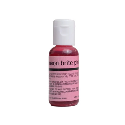 A small bottle of airbrush  food coloring with a white cap and a pink label reading 'neon brite pink' on a white background.