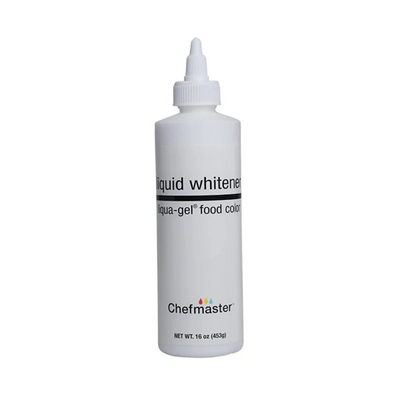A white plastic squeeze bottle of Chefmaster liquid whitener food color with a white pointed cap, shown on a plain white background.