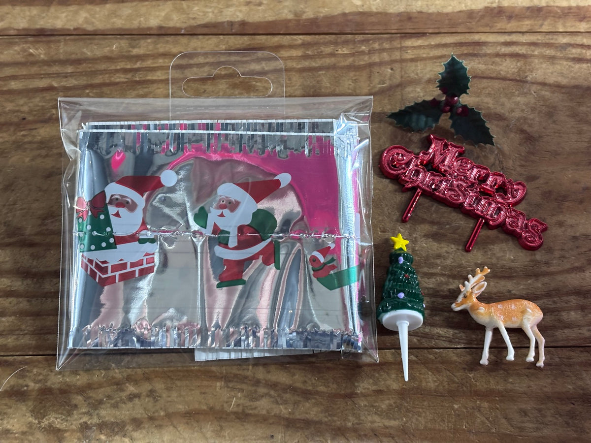 Christmas cake frill silver with Santa. And plastic cake topper pieces holly, Merry Christmas plaque, Reindeer and tree