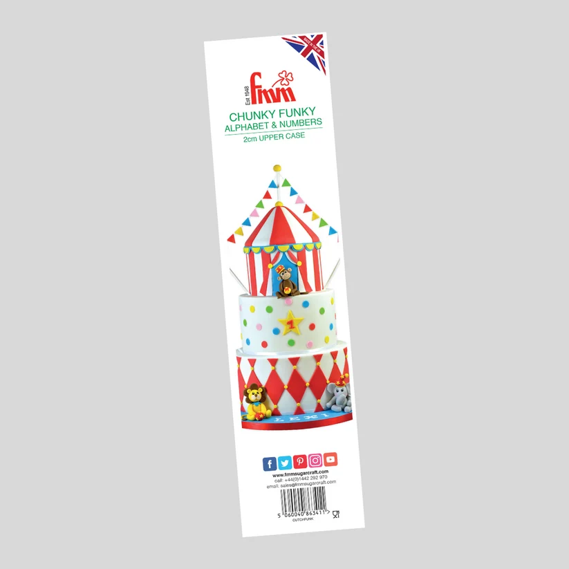 A tall, narrow retail package for a party decoration set reading 'Chunky Funky Alphabet & Numbers 2m Upper Case'. The package features a colorful circus tent illustration and shows the included letters and numbers printed on the front against a plain light gray background.
