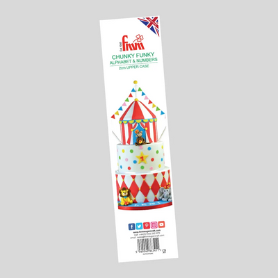 A tall, narrow retail package for a party decoration set reading 'Chunky Funky Alphabet & Numbers 2m Upper Case'. The package features a colorful circus tent illustration and shows the included letters and numbers printed on the front against a plain light gray background.
