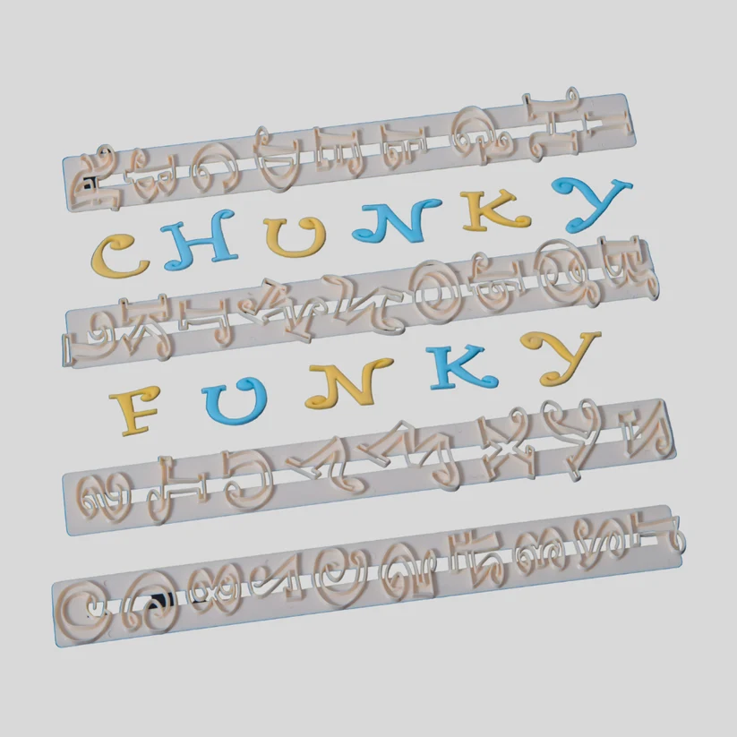 Set of fmm plastic cutters with fondant examples spelling 'CHUNKY FUNKY' on a light gray background