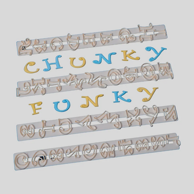 Set of fmm plastic cutters with fondant examples spelling 'CHUNKY FUNKY' on a light gray background