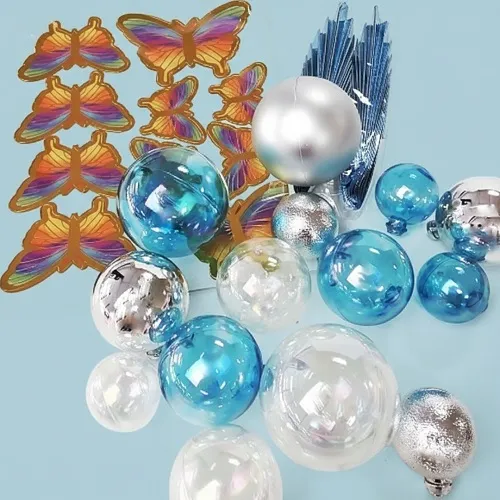 Clear silver and blue balls with butterflies and fan decoration set
