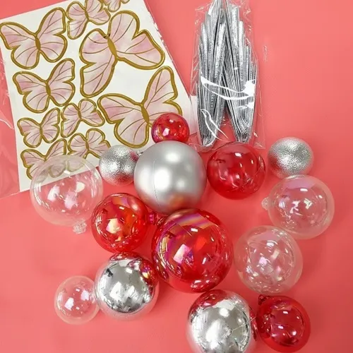 Clear silver and red balls with butterflies and fan decoration set