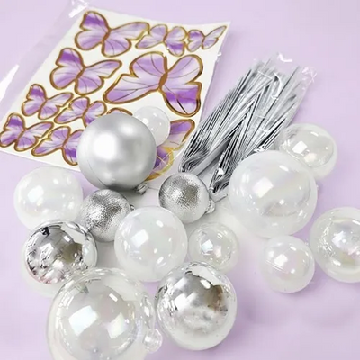 Clear silver and white balls with butterflies and fan decoration set