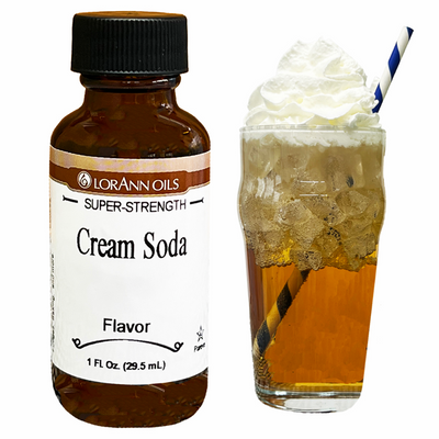 Bottle of LorAnn Oils Cream Soda flavor with a glass of cream soda.