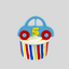 A cupcake decoration shaped like a blue car with red wheels and a yellow number 5 on top, placed on a striped cupcake liner with white frosting against a light gray background.