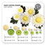 Daisy center stamps set of 6, showing six different sizes of yellow and green circular flower center stamps with their corresponding diameters listed below on a white background.