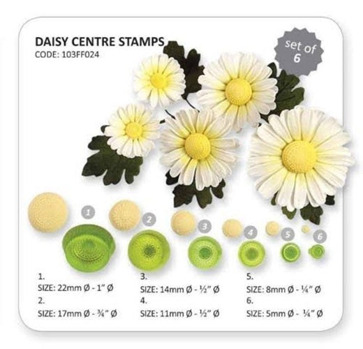 Daisy center stamps set of 6, showing six different sizes of yellow and green circular flower center stamps with their corresponding diameters listed below on a white background.
