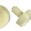 Six small off-white plastic cylindrical and round daisy cente stamps for icing with textured inner surfaces, arranged on a plain white background.