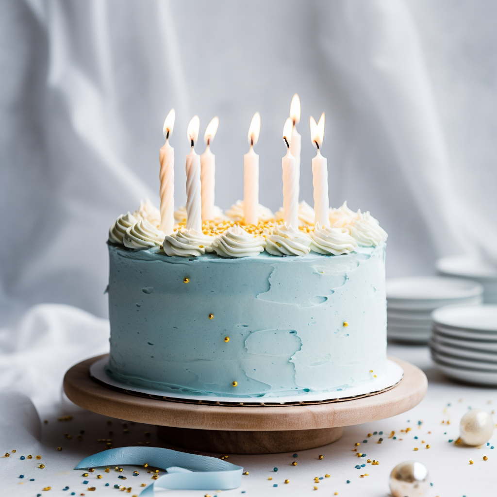 Blue cake with lit candles on a wooden stand against a light gray background