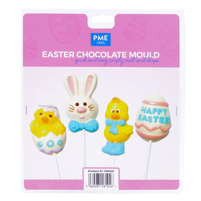 PME Easter chocolate mould packaging with bunny, chick, and egg designs on sticks.