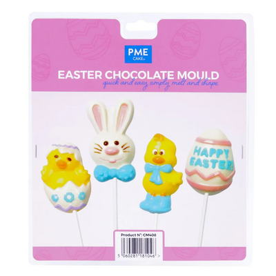 PME Easter chocolate mould packaging with bunny, chick, and egg designs on sticks.