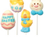 Easter-themed chocolate lollipops including a chick, bunny, and egg with 'Happy Easter' text on a white background.