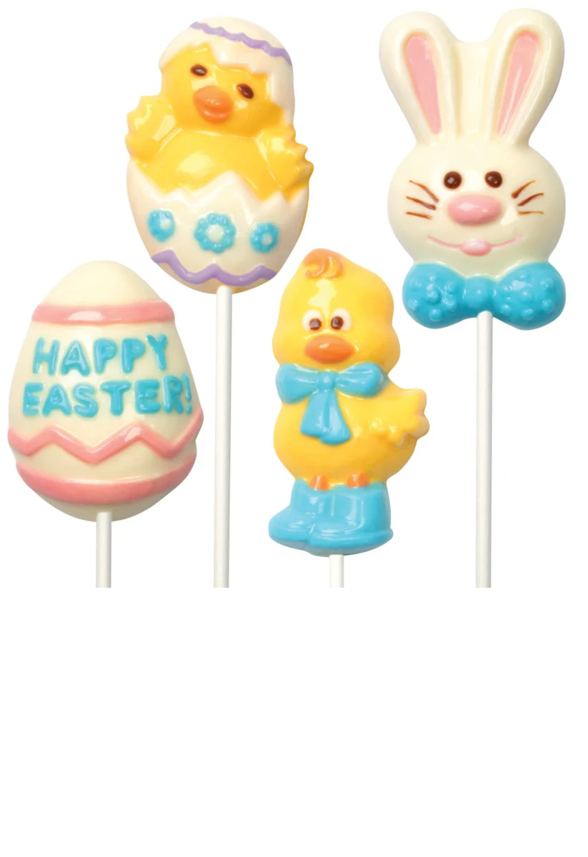 Easter-themed chocolate lollipops including a chick, bunny, and egg with 'Happy Easter' text on a white background.