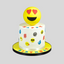 A custom birthday cake decorated with white icing and colorful emoji symbols, topped with a large yellow smiley face with red heart eyes, on a yellow and black round base with 'BIRTHDAY' written in colorful letters.