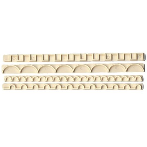 Three long cream-colored plastic trim pieces with repeating arch and rectangular patterns, shown horizontally on a plain white background.