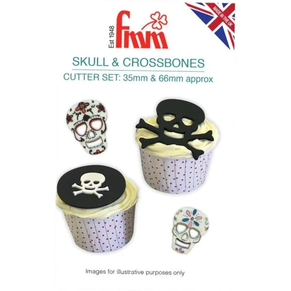 Skull and crossbones cutter set by FMM in packaging showing cupcakes decorated with the fondant motifs