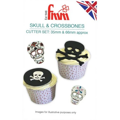 Skull and crossbones cutter set by FMM in packaging showing cupcakes decorated with the fondant motifs