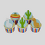 Four decorated cupcakes arranged on a light gray background. The cupcake liners have vertical red, blue, and yellow stripes, and the tops are decorated with light blue fondant, green cacti, white and tan alpacas, and a yellow sombrero.