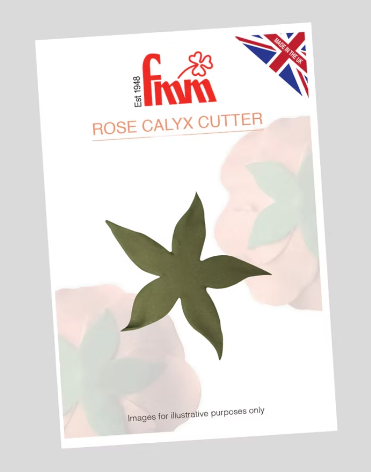 A product card for a 'Rose Calyx Cutter' by the brand 'Fmm', featuring a dark olive green rose calyx shape in the center, with a Union Jack 'Made in UK' badge in the top right corner.