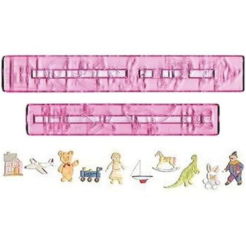 Two long translucent pink plastic cutters with animal and toy shapes, shown above a row of small illustrated toy fondant cutouts on a white background.