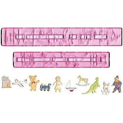 Two long translucent pink plastic cutters with animal and toy shapes, shown above a row of small illustrated toy fondant cutouts on a white background.