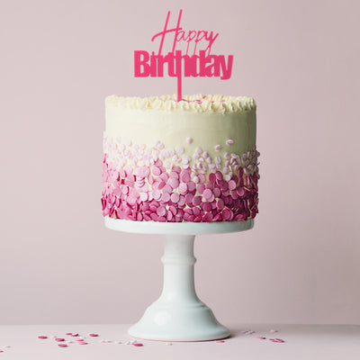 Fun Font CAKE TOPPER HAPPY BIRTHDAY Pink on display cake
