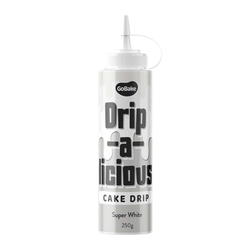 Bottle of GoBake Drip-a-licious Super White cake drip on a white background