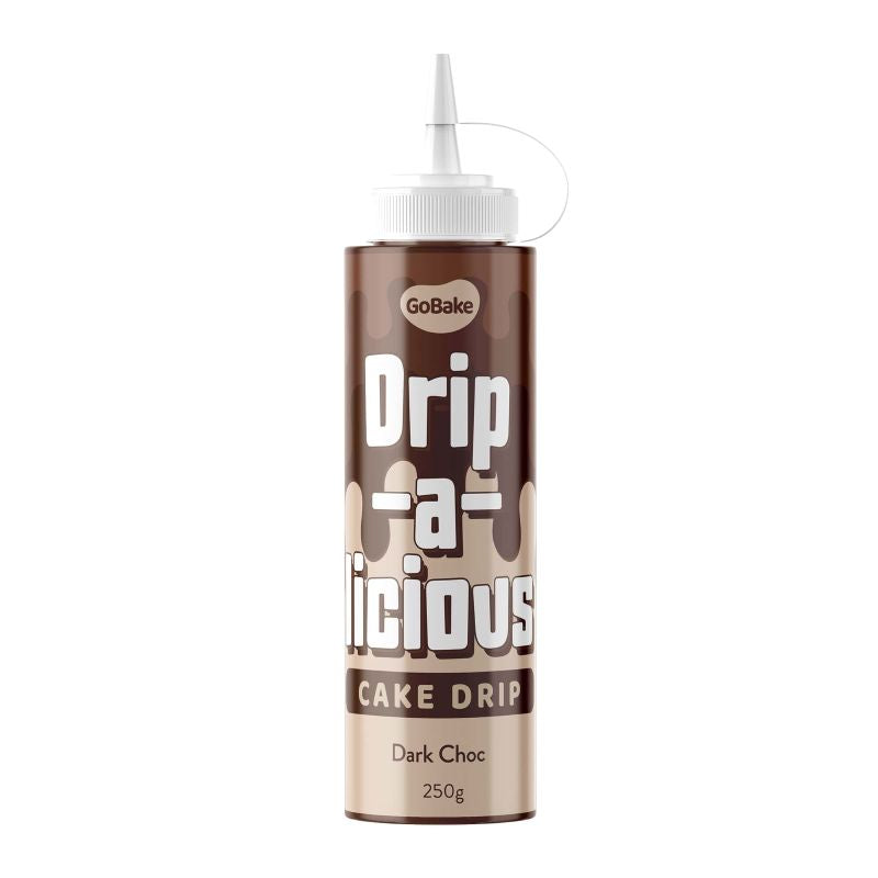 Bottle of GoBake Drip-a-licious Cake Drip in dark chocolate flavor on a white background