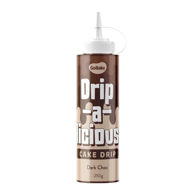 Bottle of GoBake Drip-a-licious Cake Drip in dark chocolate flavor on a white background
