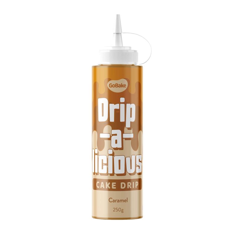 Bottle of GoBake Drip-a-licious Cake Drip in caramel flavor on a white background
