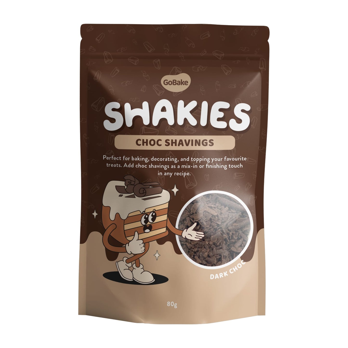 dark chocolate shavings in Shakies packaging by Gobake