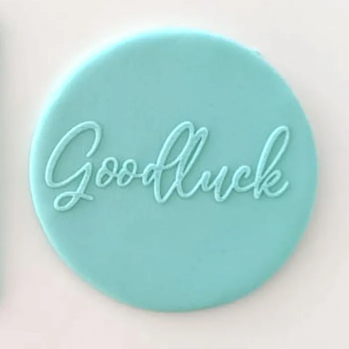 A round light blue decorative icing plaque featuring the word 'Goodluck' in raised cursive script, shown on a plain light background.
