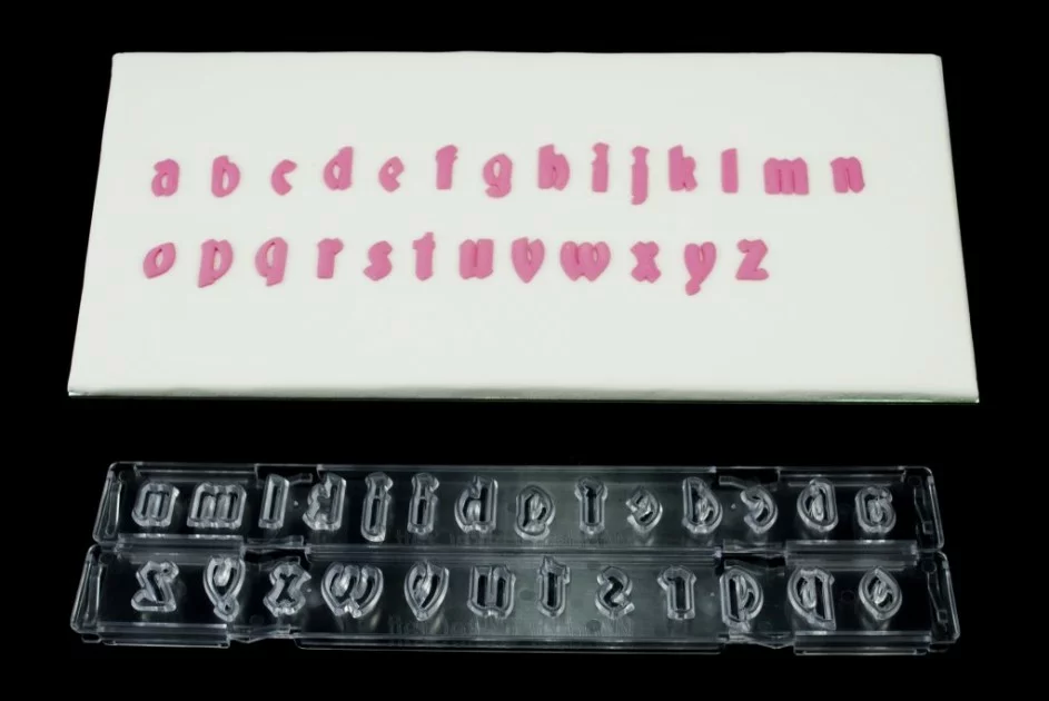 Gothic lower case font alphabet cutter. Alongside fondant examples of each letter