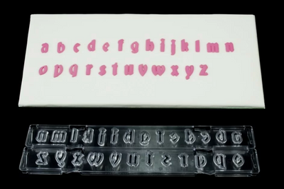 Gothic lower case font alphabet cutter. Alongside fondant examples of each letter