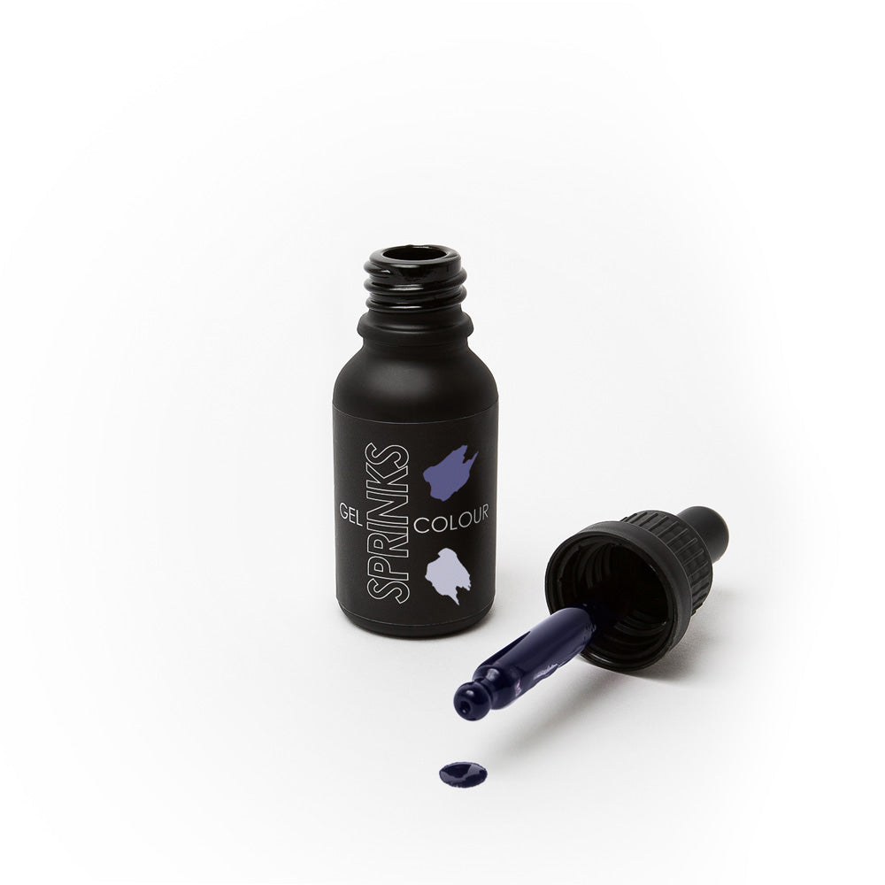 Black bottle of Sprinks gel color with open cap on a white background
