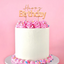 Birthday cake with pink frosting and 'Happy Birthday' topper on a pink background