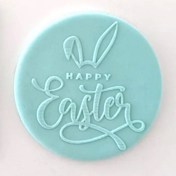 Happy Easter fondant icing plaque in blue