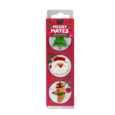 Pack of Merry Mates icing decorations with Christmas-themed designs on a red and white striped background.