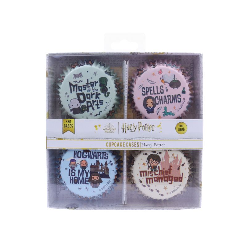 Set of Harry Potter-themed cupcake cases in a packaging box on a white background