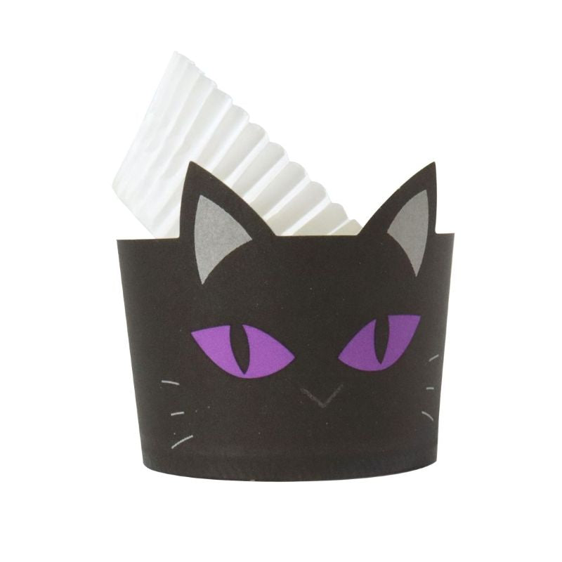 Black cat-themed cupcake papers with purple eyes