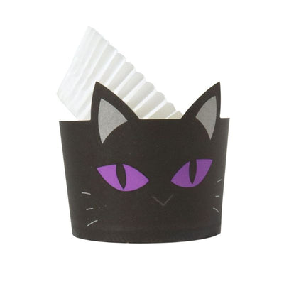 Black cat-themed cupcake papers with purple eyes