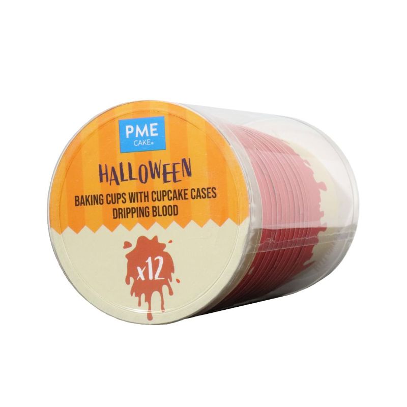 Halloween-themed baking cups with cupcake cases in a container on a white background