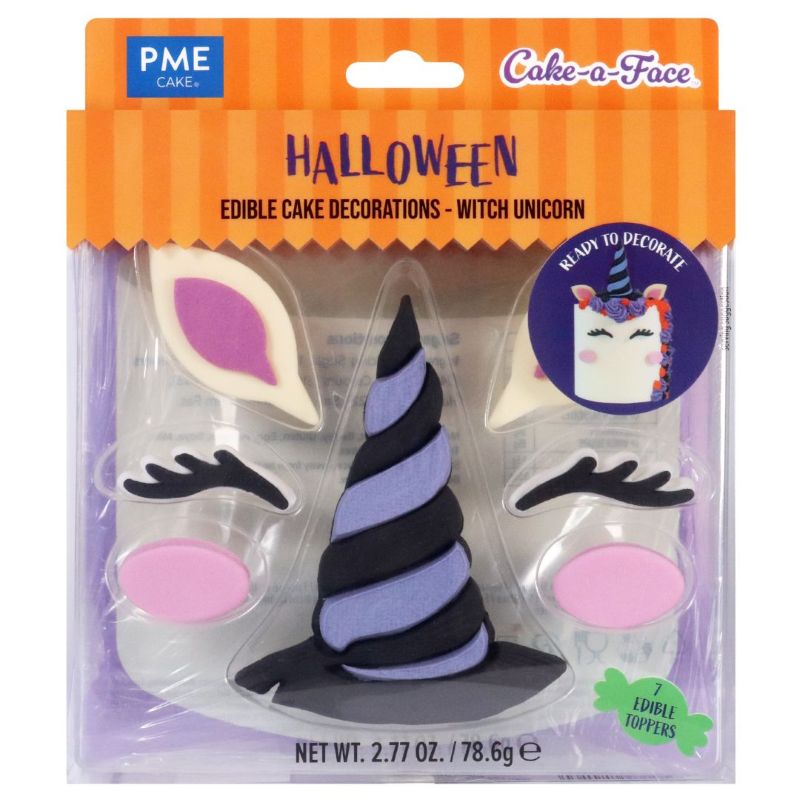Halloween-themed edible witch unicorn cake decorations in packaging with PME Cake-a-Face branding.