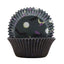 Black cupcake liner with a Halloween night themed design on a white background