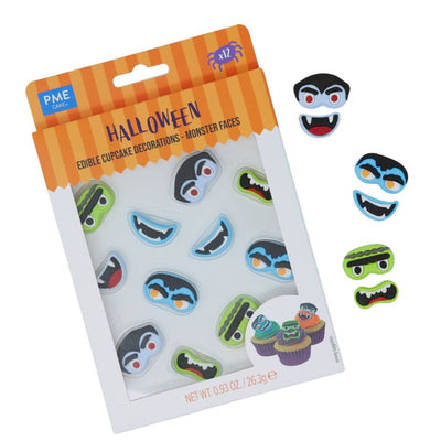 Halloween-themed monster face edible cupcake decorations with packaging on a white background
