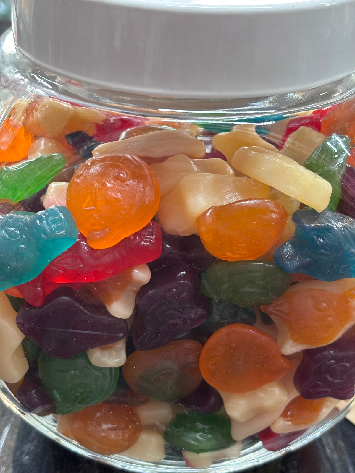 Halloween multi colour gummy lollies by Mayceys in a glass jar