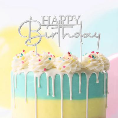 Silver METAL CAKE TOPPER HAPPY BIRTHDAY style No2